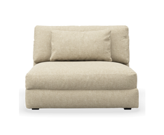 Beige modulær armløs loungestol med rygpude, set forfra.