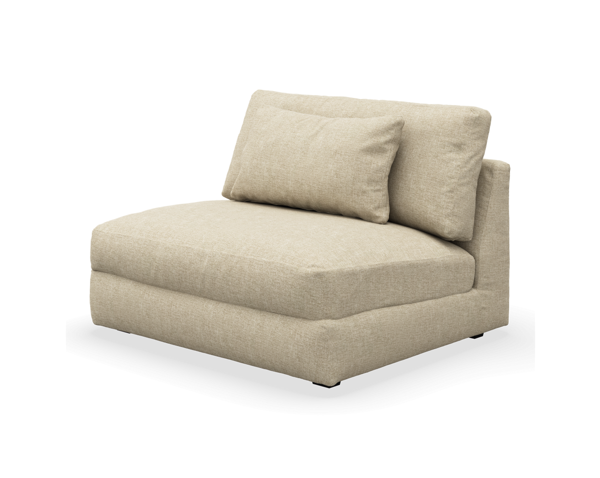 Beige armløs modulsofa/loungedel med to rygpuder, fritlagt produktfoto.