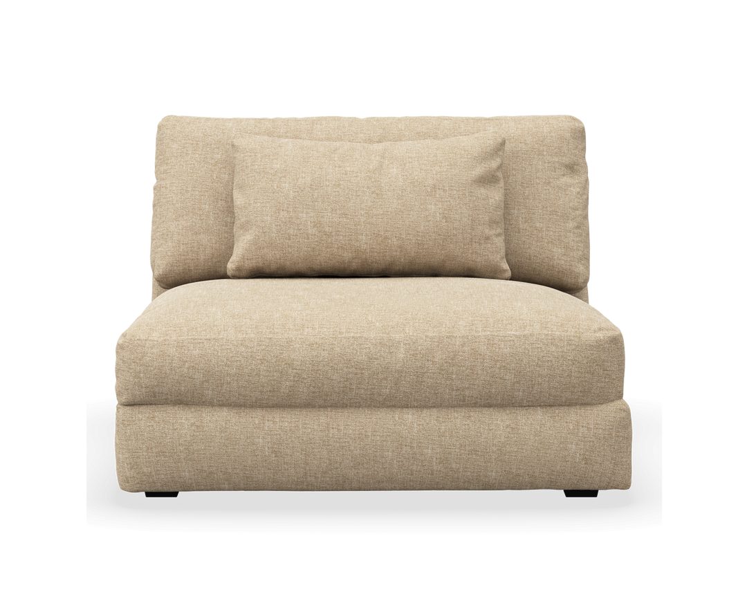Beige modulsofa uden armlæn med rygpude, set forfra.