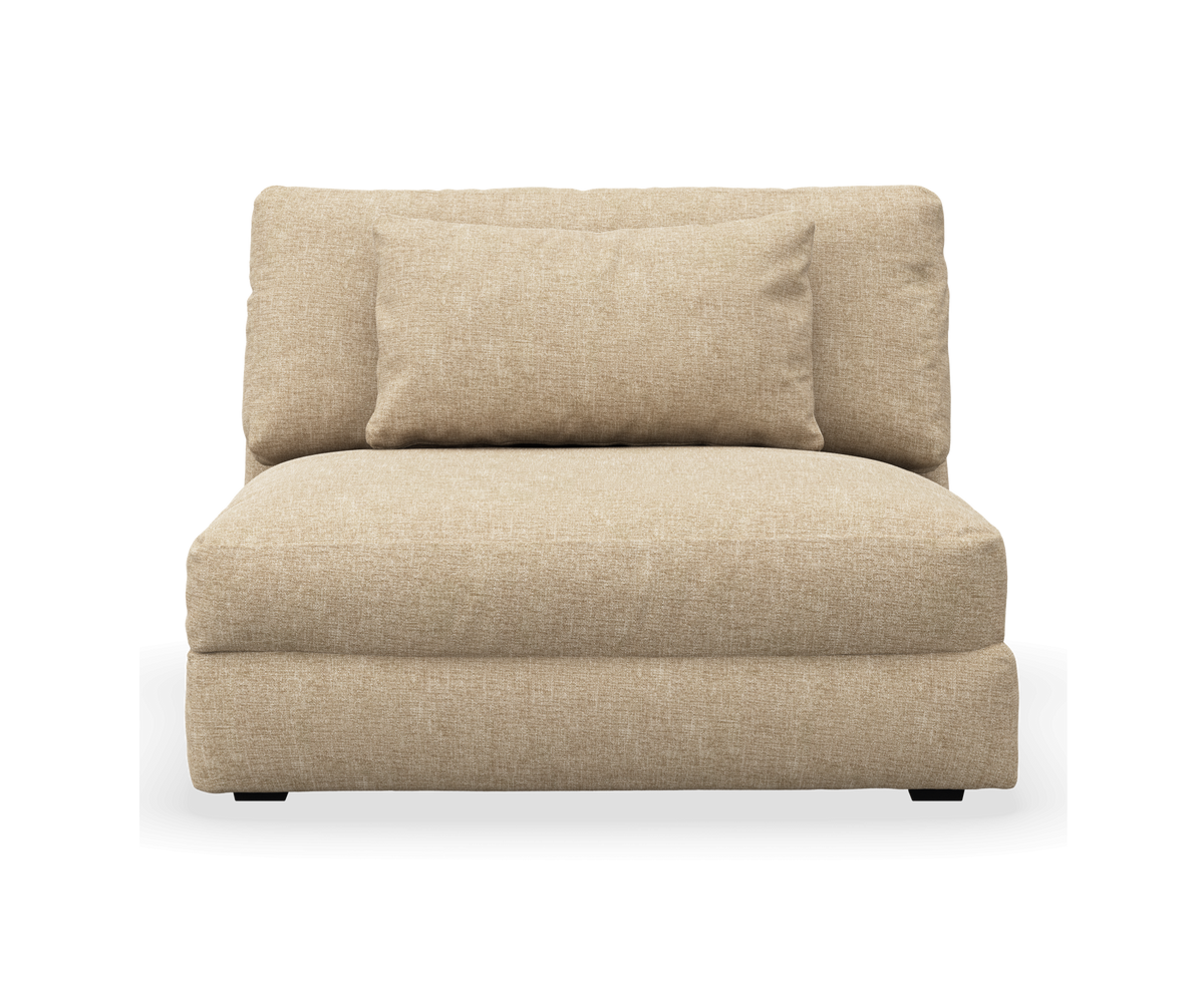 Beige modulsofa uden armlæn med rygpude, set forfra.