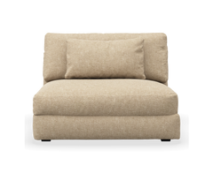 Beige modulsofa uden armlæn med rygpude, set forfra.
