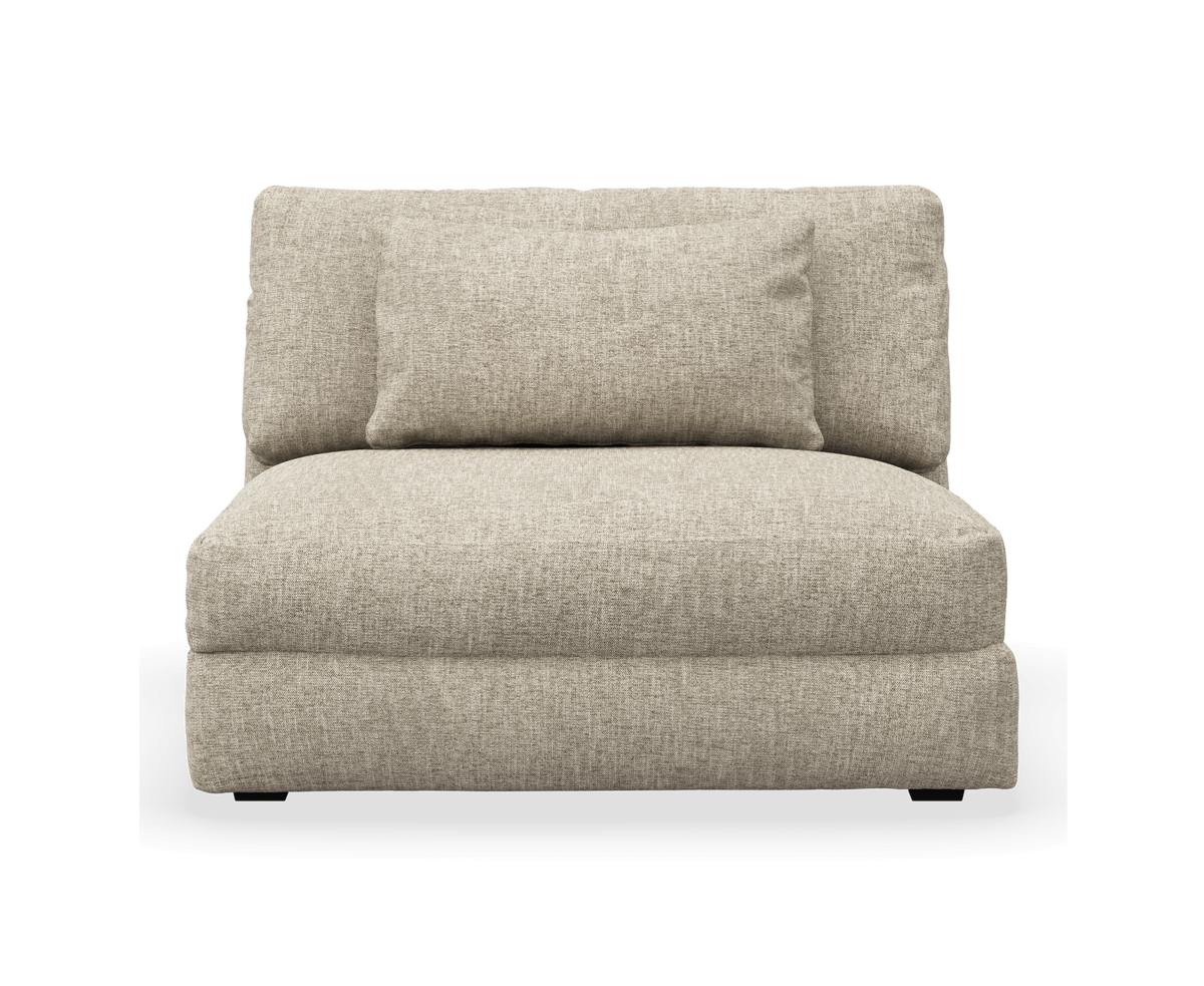 Beige modulsofa uden armlæn, frontvisning med ryg- og sædehynde.