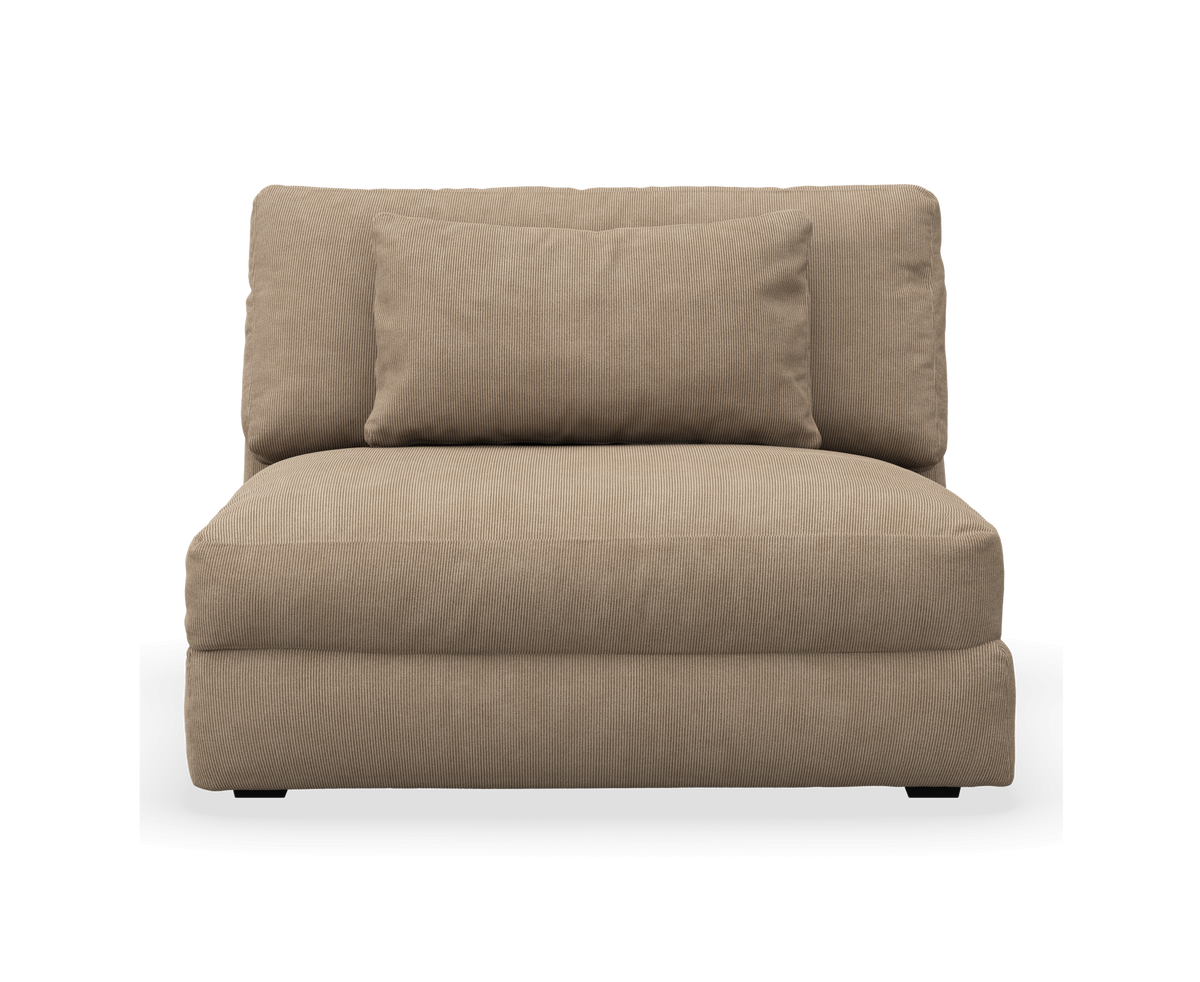Beige armløs loungemodul med rygpude i frontvisning på hvid baggrund.