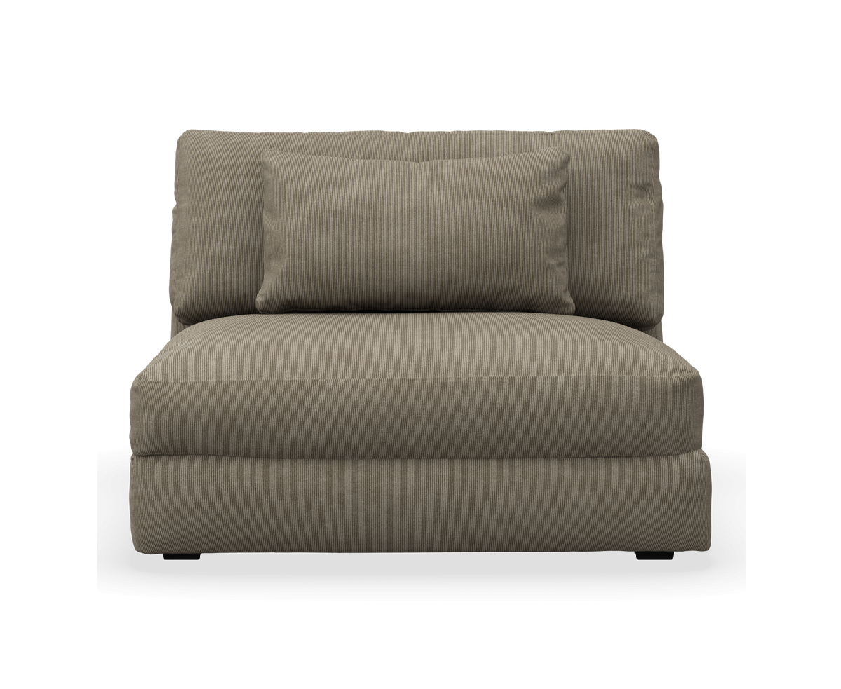 Modulær armløs loungedel i beige/taupe stof med løs ryghynde, frontvisning.