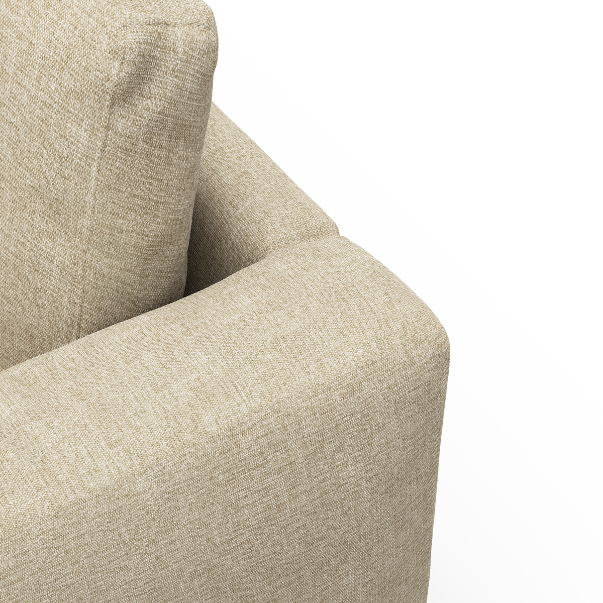 Nærbillede af beige stofsofa med armlæn og ryghynde på hvid baggrund.