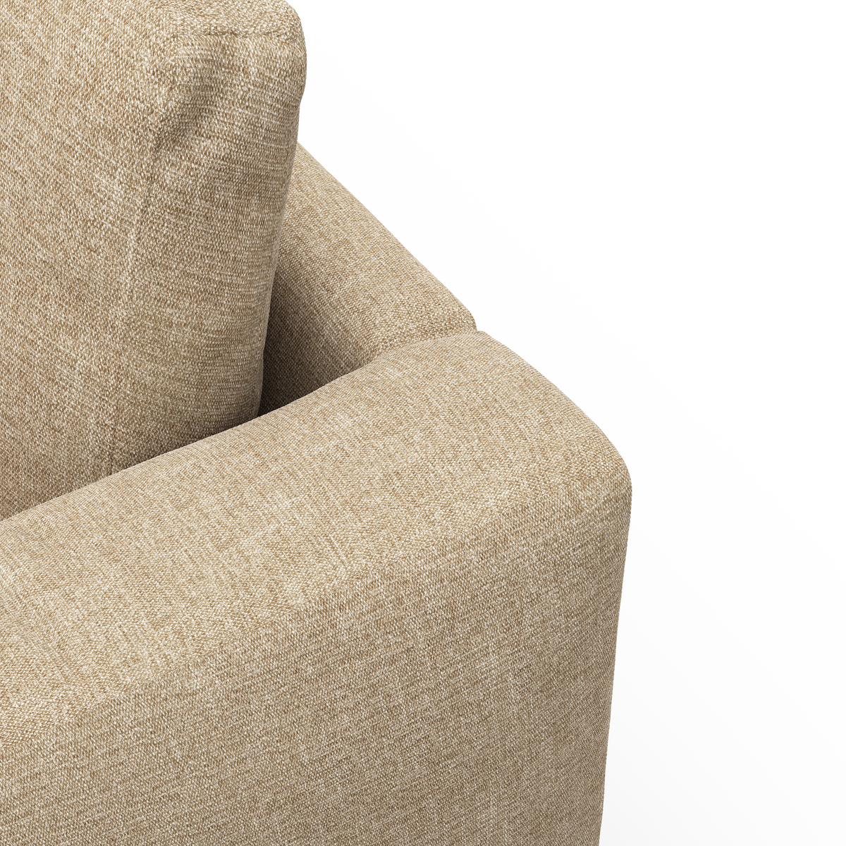 Nærbillede af beige stofsofas armlæn og rygpude mod hvid baggrund.
