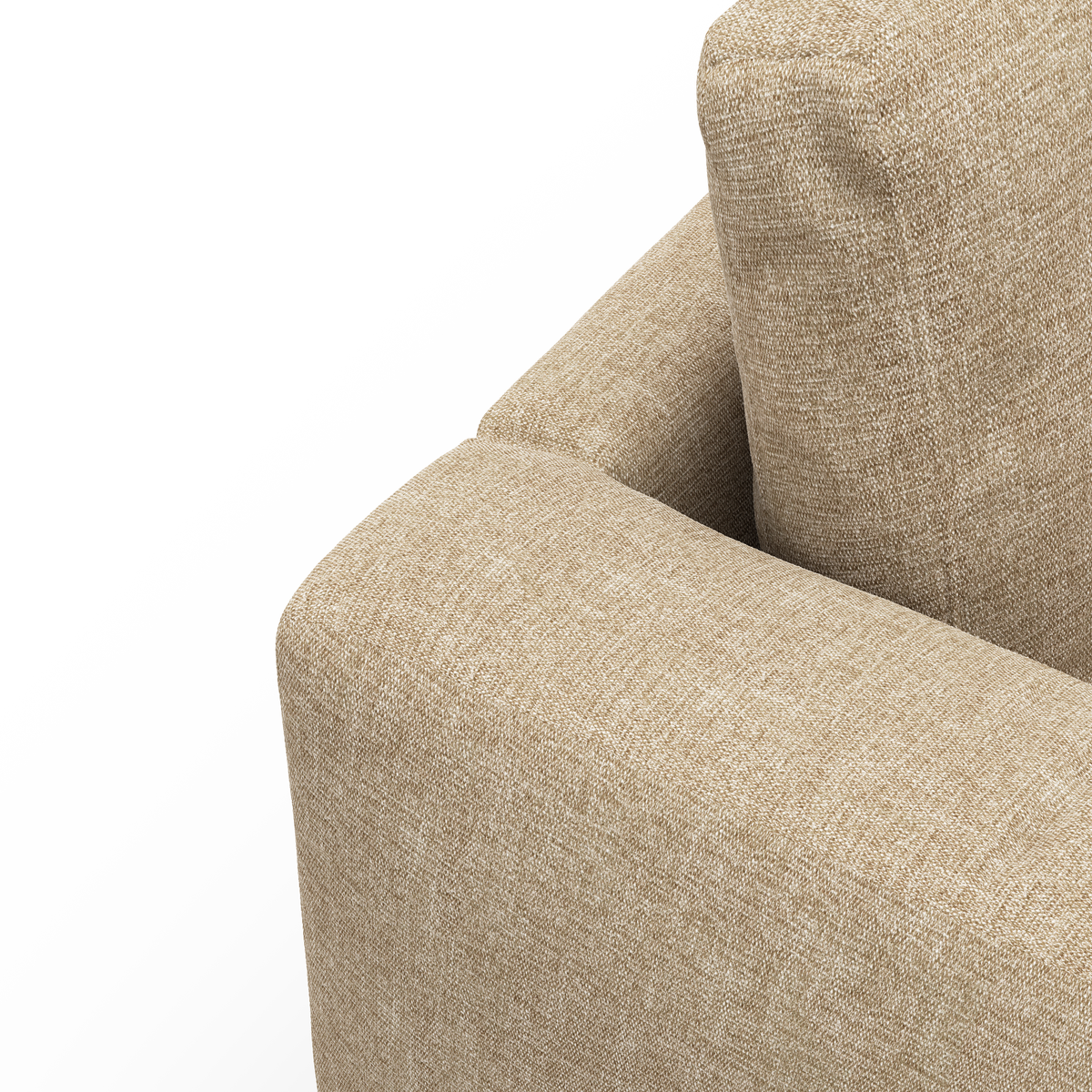 Nærbillede af en beige stofsofas armlæn og ryghynde på hvid baggrund.