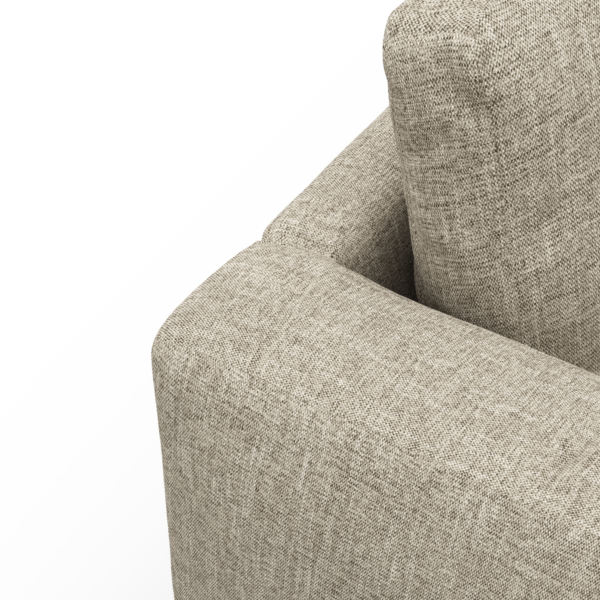 Nærbillede af beige stofsofas armlæn og ryghynde mod hvid baggrund.