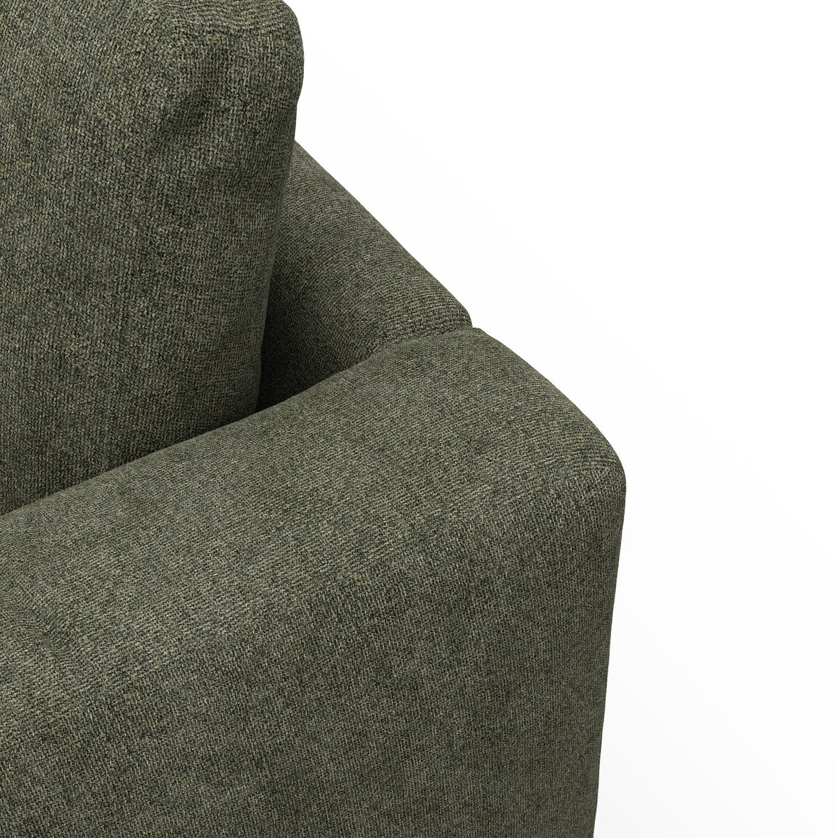 Nærbillede af grøn stofsofas armlæn i moderne design på hvid baggrund.