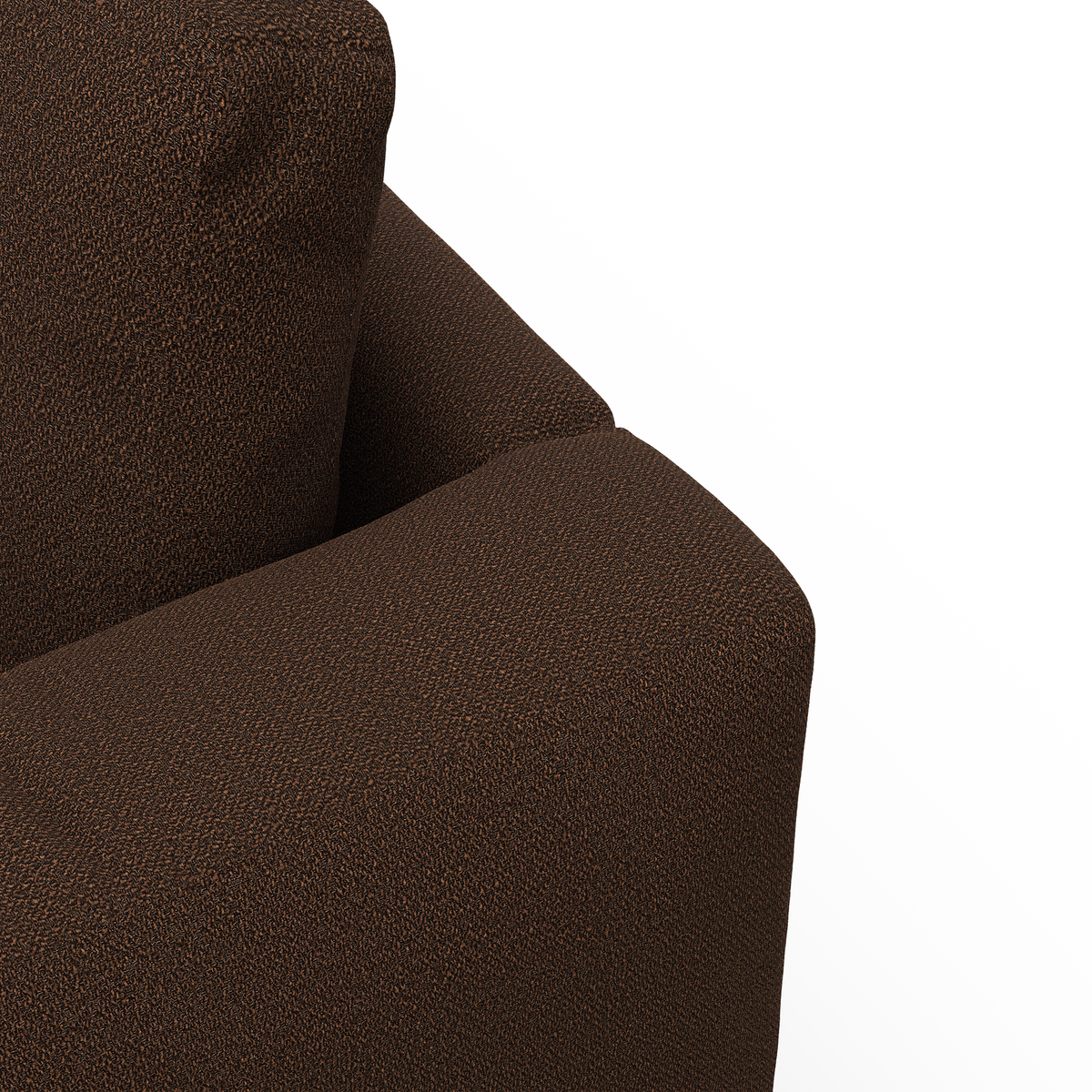 Nærbillede af brun tekstureret sofa-arm og ryghynde mod hvid baggrund.
