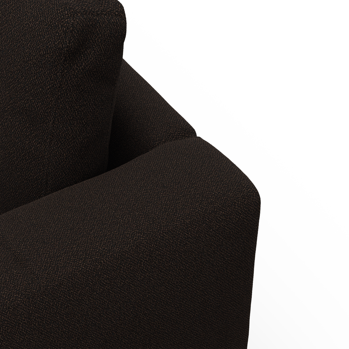 Nærbillede af mørkebrun sofa-hjørne i struktureret stof på hvid baggrund.
