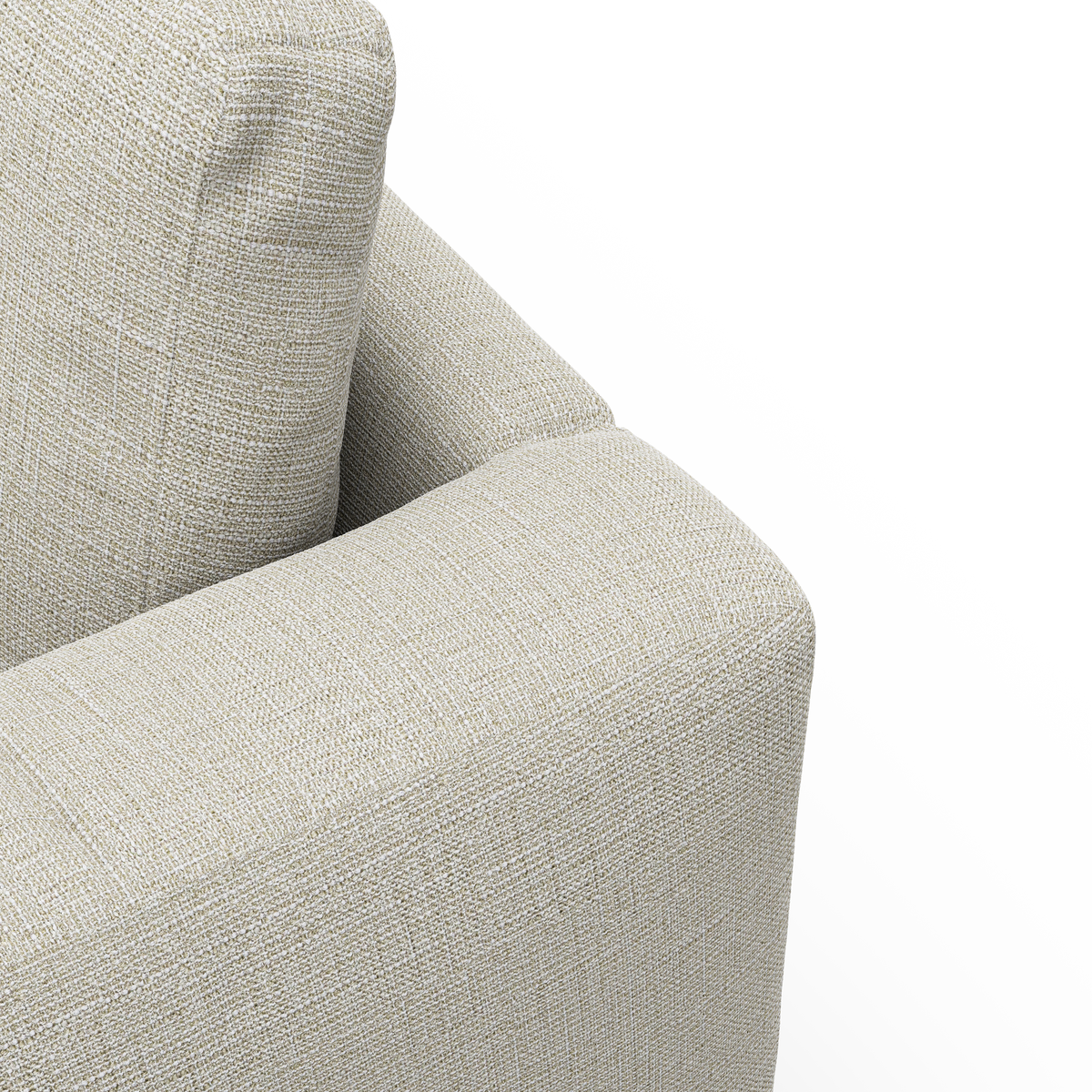 Nærbillede af armlæn og rygpude på en lys beige/grå stofsofa mod hvid baggrund.