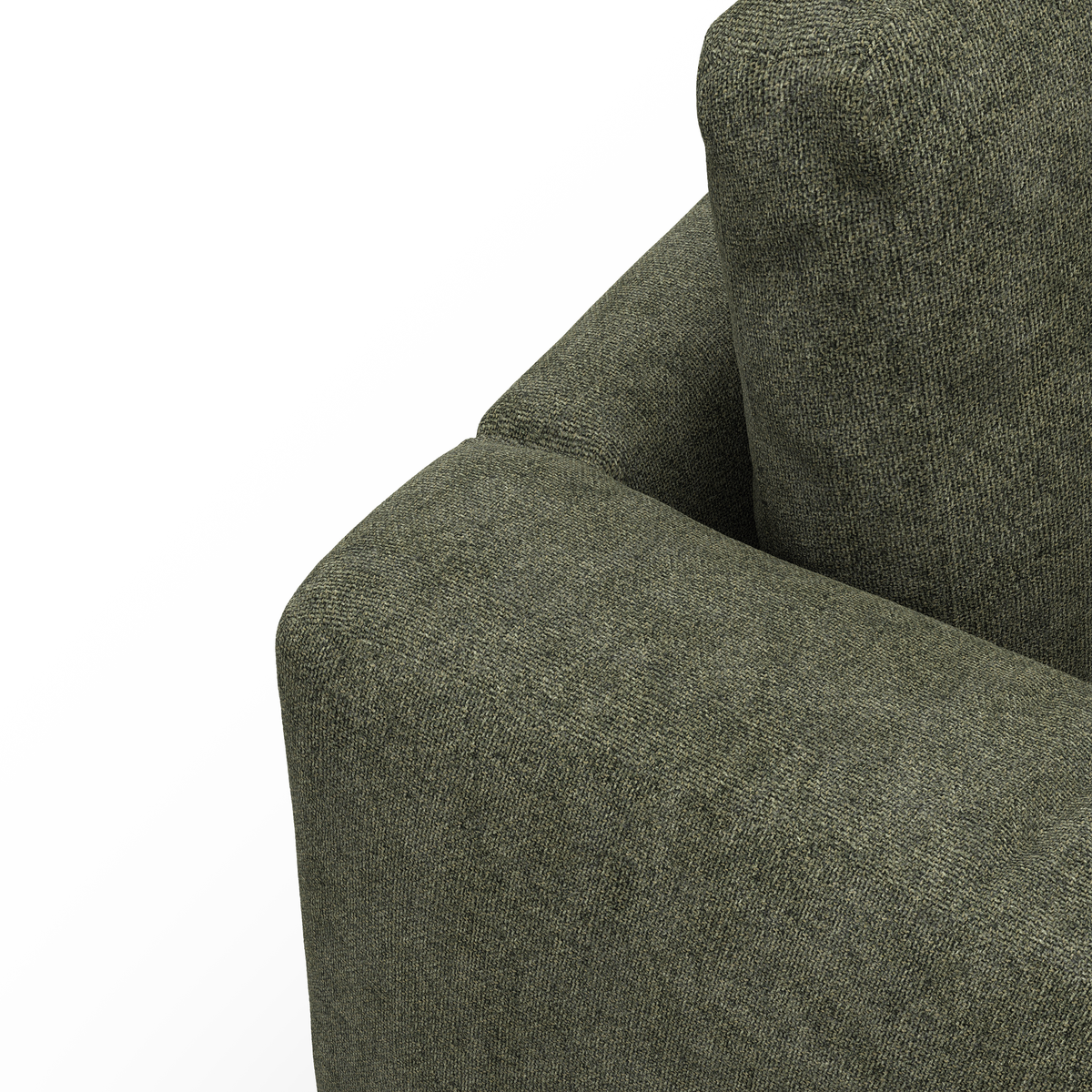 Nærbillede af armlæn og ryghynde på grøn, struktureret stofsofa mod hvid baggrund.