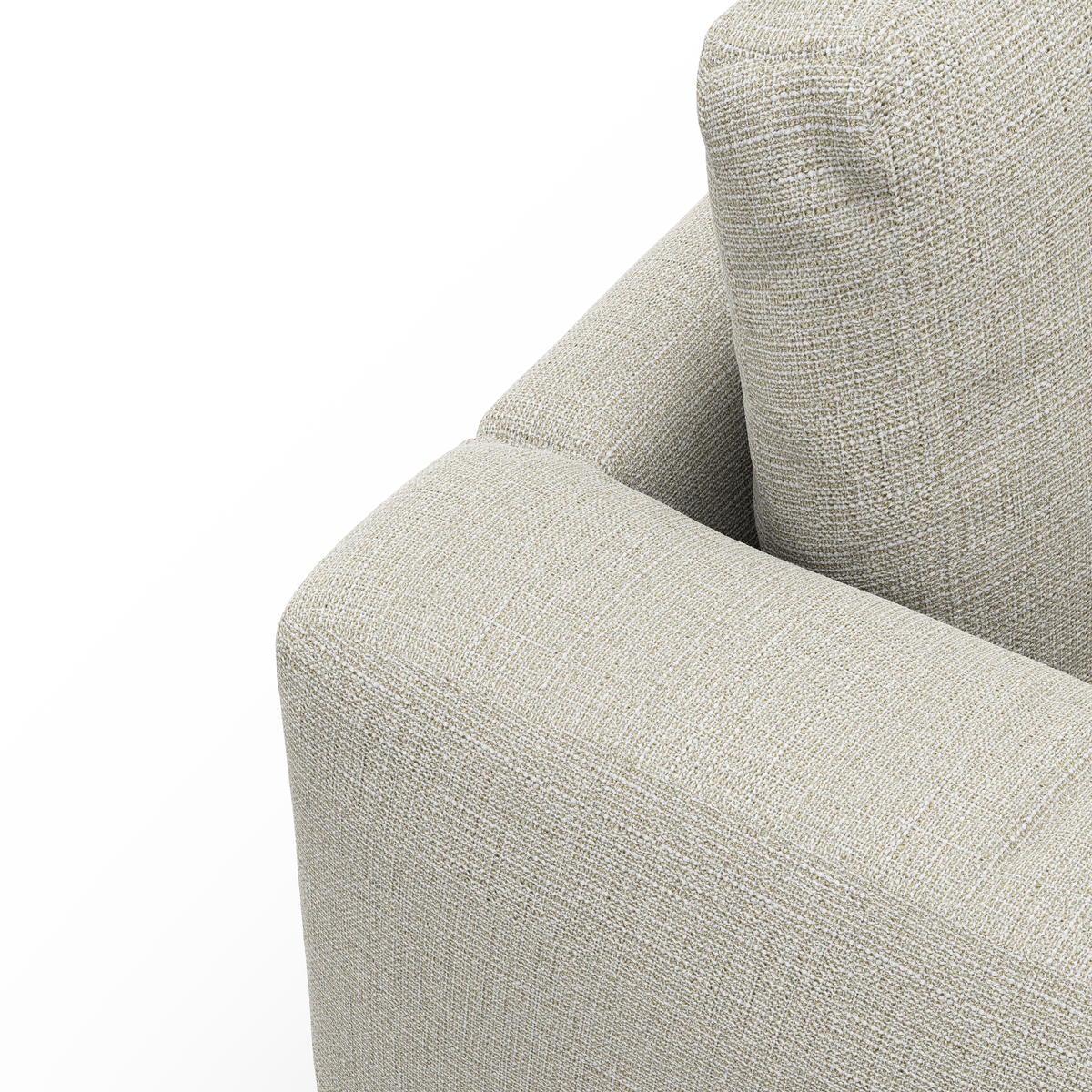 Nærbillede af beige stofsofa med firkantet armlæn og ryghynde på hvid baggrund.