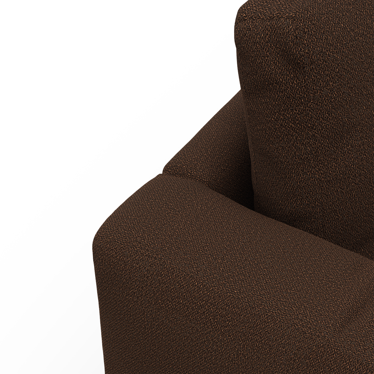 Nærbillede af brun, tekstureret sofa med armlæn og ryghynde på hvid baggrund.