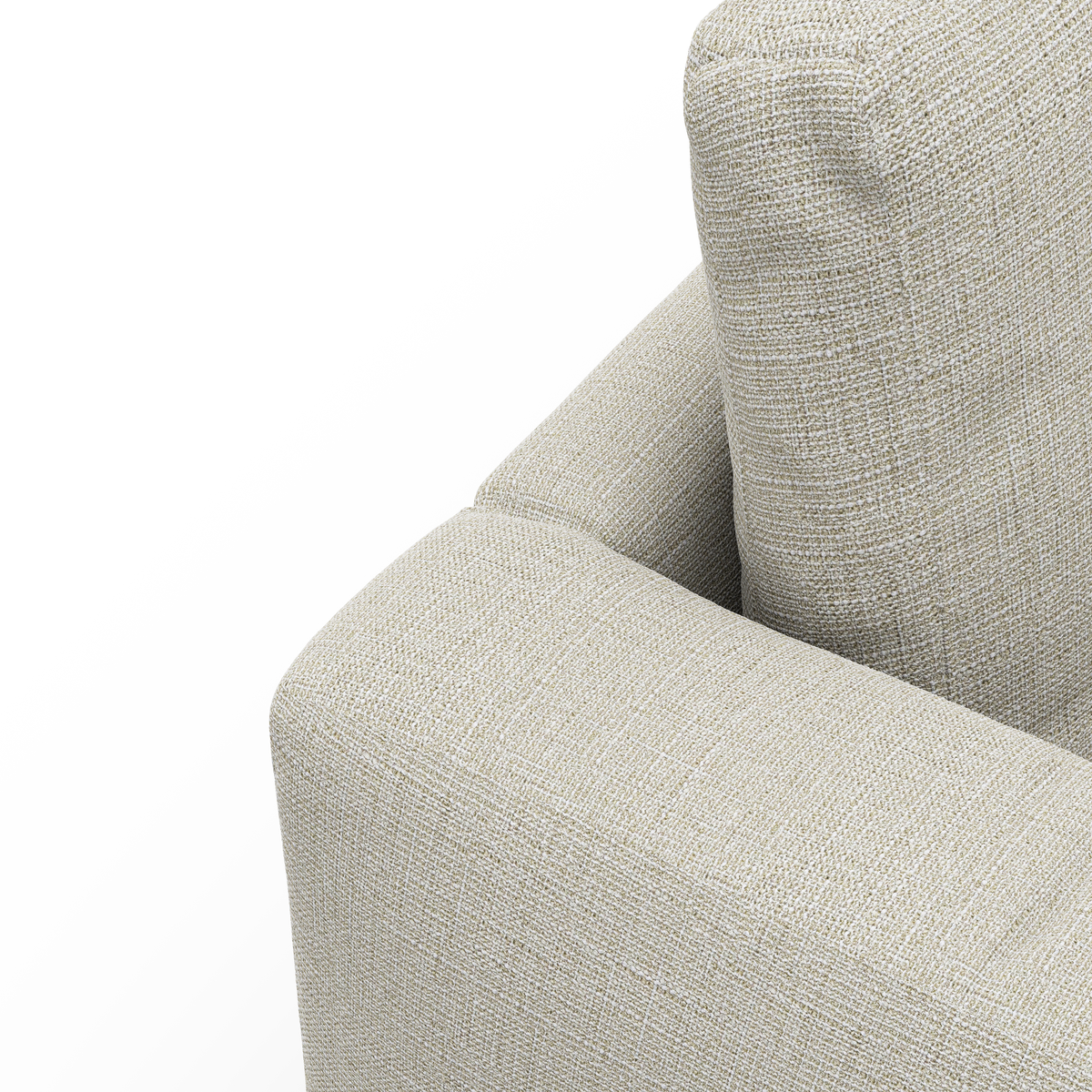Nærbillede af lys beige stofsofa med armlæn og ryghynde på hvid baggrund.