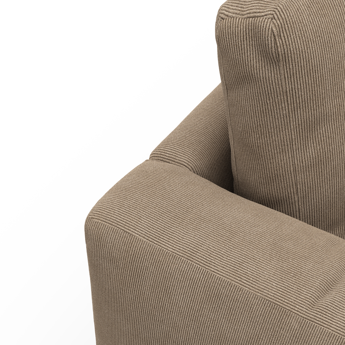 Nærbillede af beige riflet fløjl på sofaens armlæn og ryghynde.
