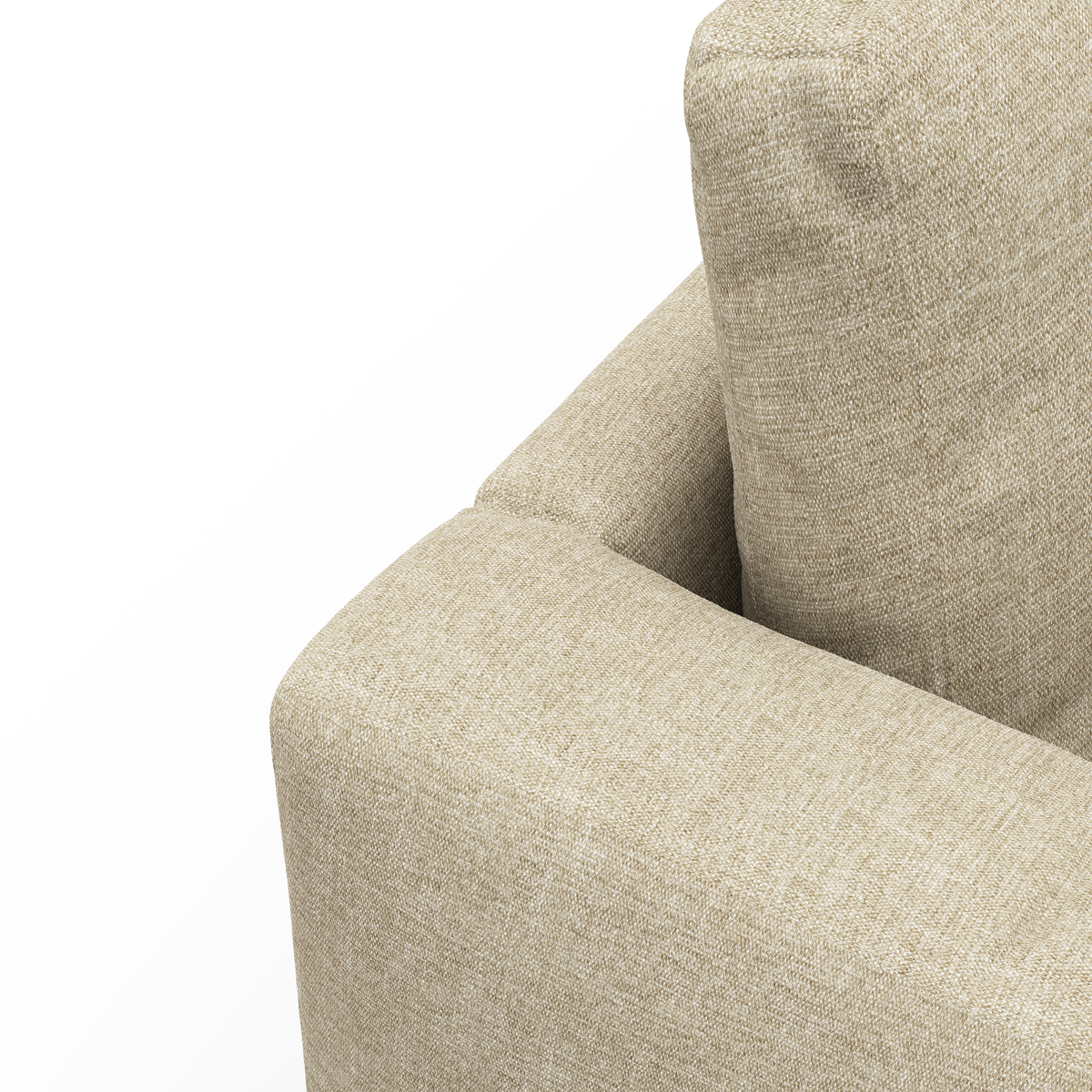 Nærbillede af beige stofsofa med armlæn og ryghynde mod hvid baggrund.