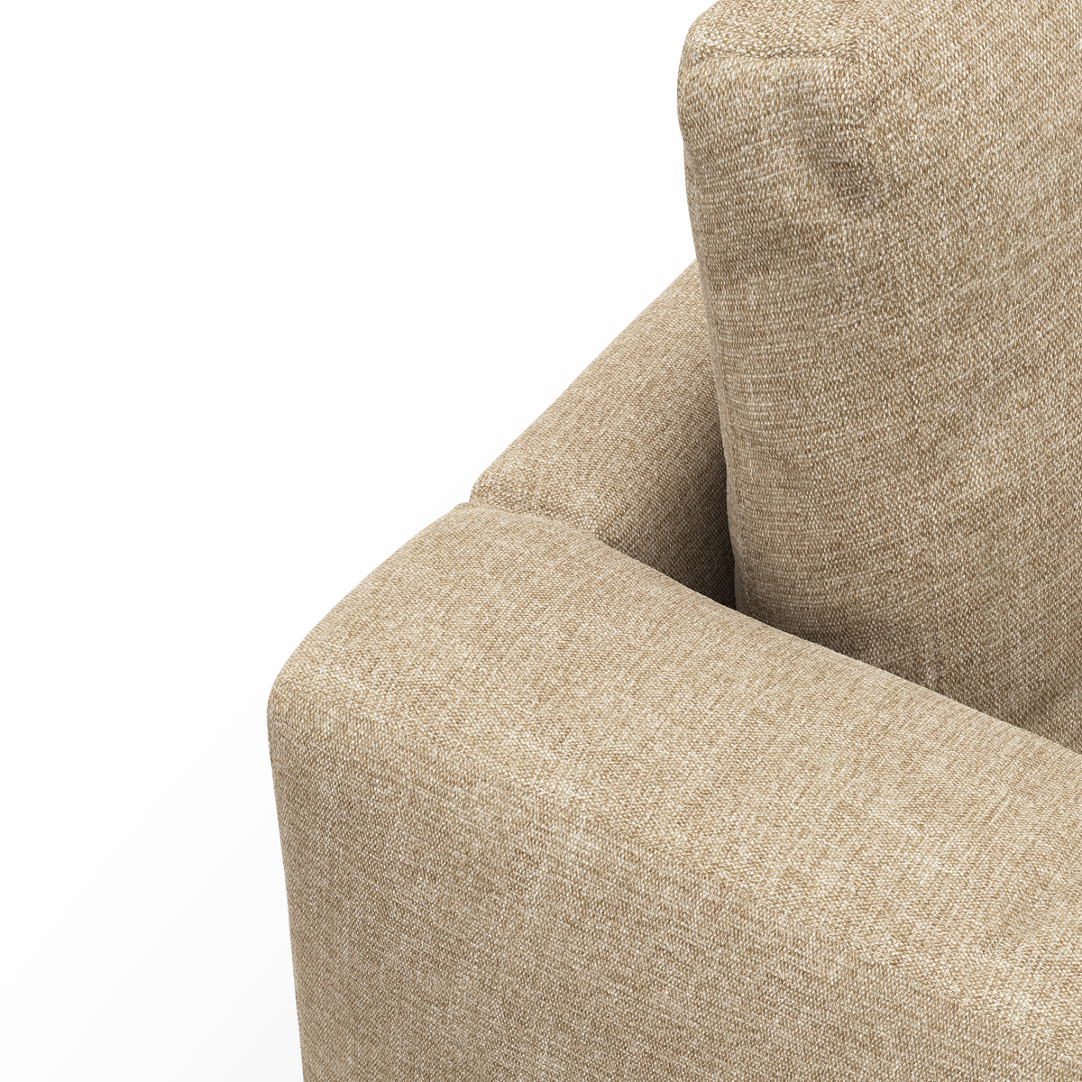 Nærbillede af en beige stofsofas armlæn og ryghynde på hvid studiebaggrund.
