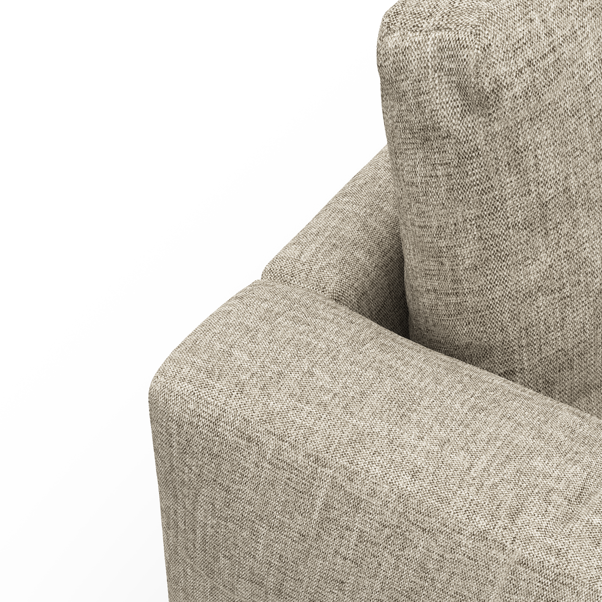 Nærbillede af armlæn og ryghynde på en beige stofsofa mod hvid baggrund.
