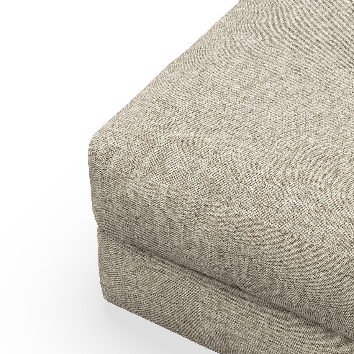 Nærbillede af hjørnet på en beige, hør-lignende polstret sofa-/ottomanmodul på hvid baggrund.