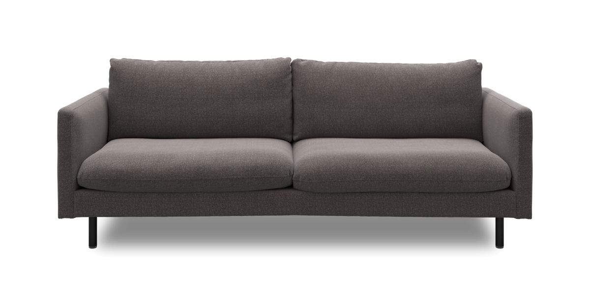 Mørkegrå 2-personers sofa i moderne stil med sorte ben, frilagt frontvisning.