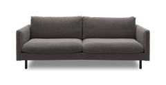 Mørkegrå 2-personers sofa i moderne stil med sorte ben, frilagt frontvisning.