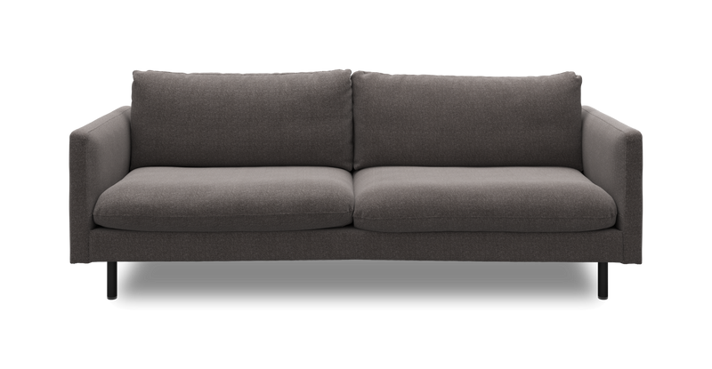 Mørkegrå 2-personers sofa i moderne stil med sorte ben, frilagt frontvisning._ps