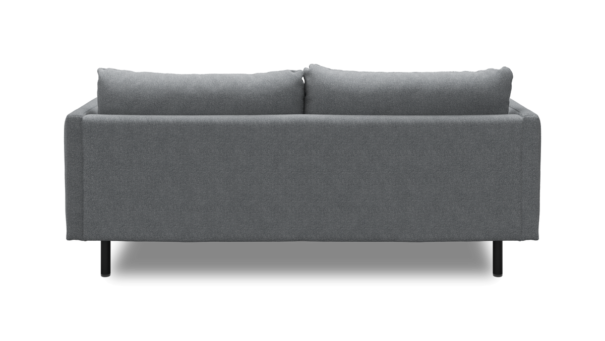 Grå sofa set bagfra med to ryghynder og sorte ben på hvid/studio‑baggrund.