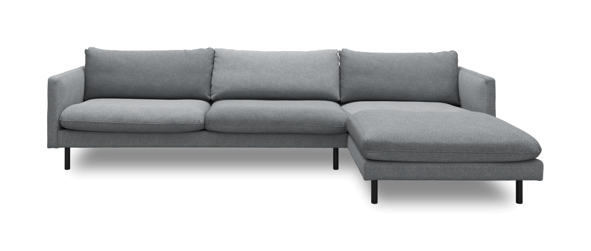 Grå modulsofa med højre chaiselong i moderne, minimalistisk design.