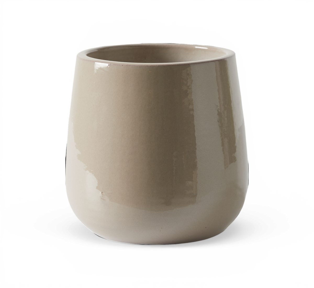 Beige glaseret keramisk vase/urtepotte frilagt på hvid baggrund.