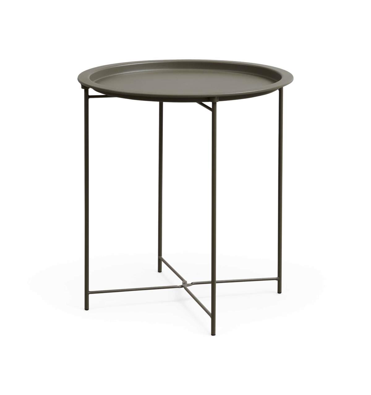 Rundt sidebord i olivengrøn metal med bakke-bordplade og slanke ben med krydsstel.