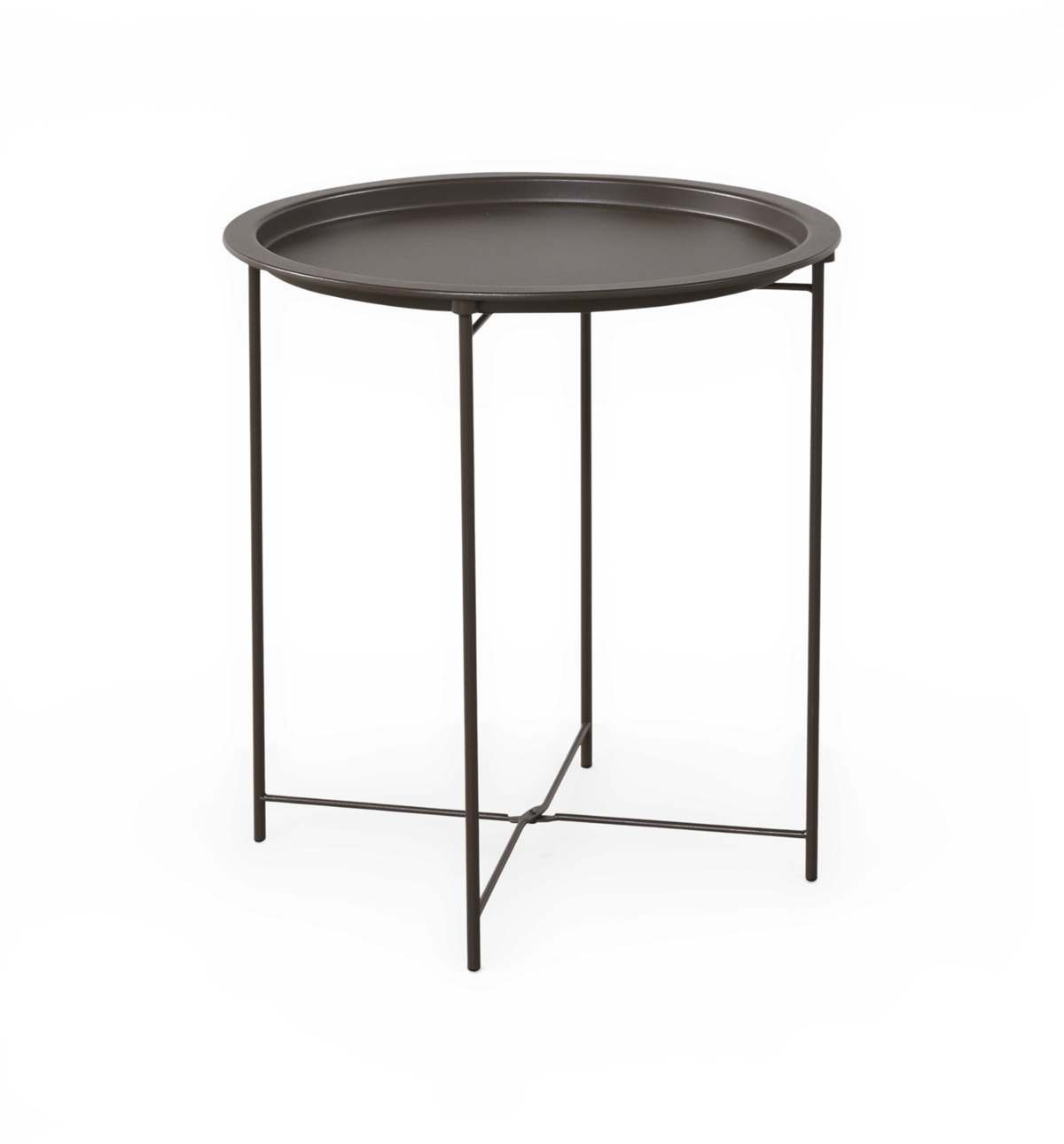 Rundt bakkebord i mørkegrå metal med slankt stel og krydsafstivet base, frilagt.