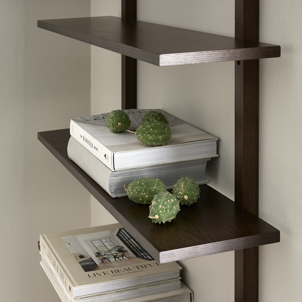 Mørk væghylde i træ med stablede coffeetable-bøger – ”The Kinfolk Home” og ”Live Beautiful” – pyntet med små grønne kaktusdele.
