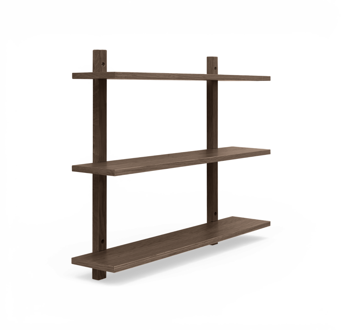 Mørkebrun vægmonteret træhylde med tre hylder i et minimalistisk design.