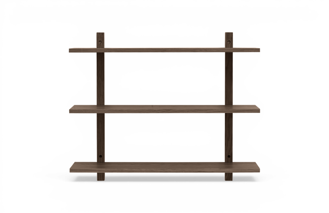 Vægmonteret hylde i mørkt træ med tre hylder i minimalistisk design.