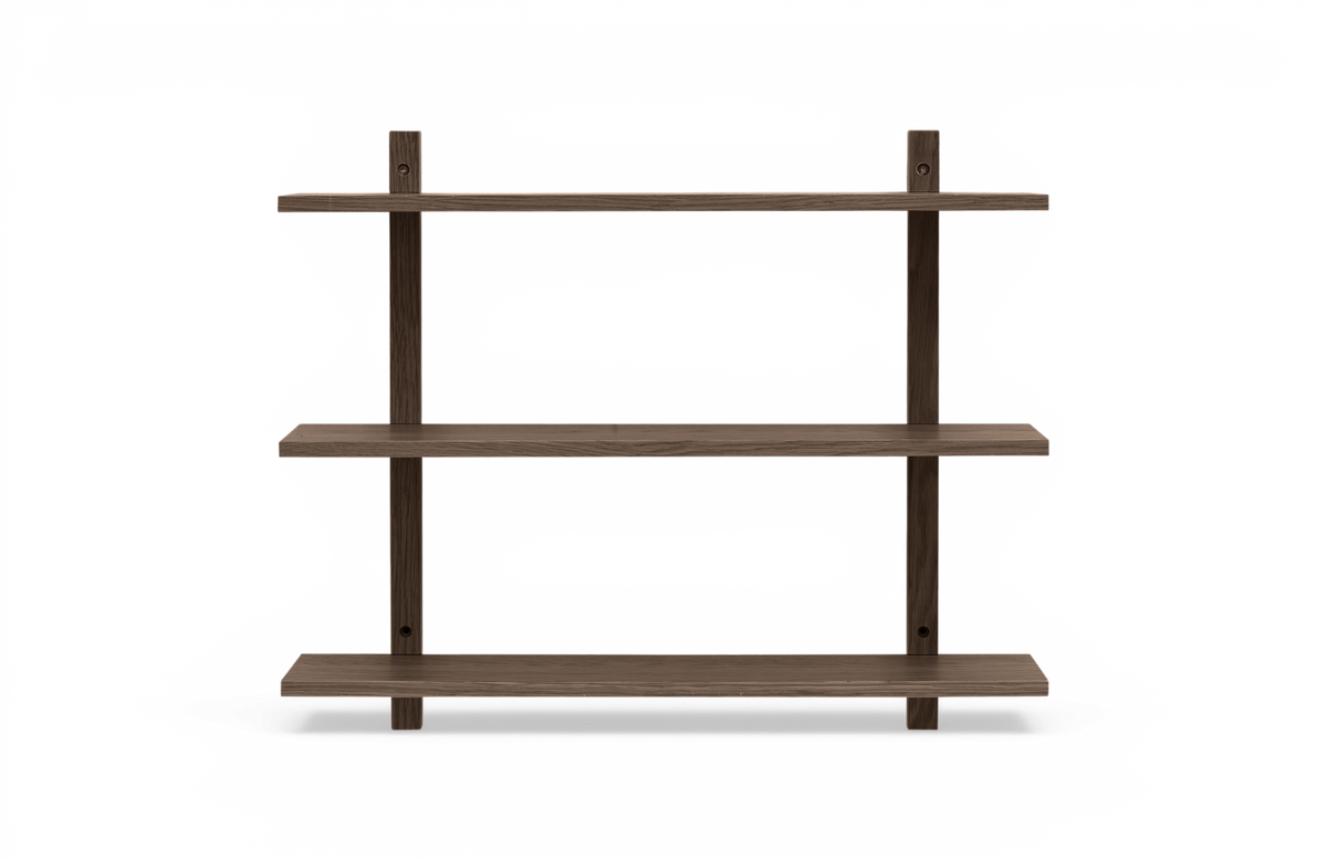 Vægmonteret hylde i mørkt træ med tre hylder i minimalistisk design.
