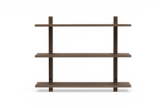 Vægmonteret hylde i mørkt træ med tre hylder i minimalistisk design.