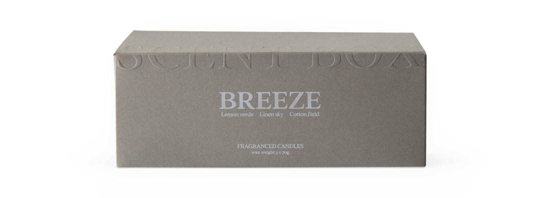 BREEZE duftlys-sæt: Lemon verde, Linen sky, Cotton field; voks vægt 3 x 70 g.