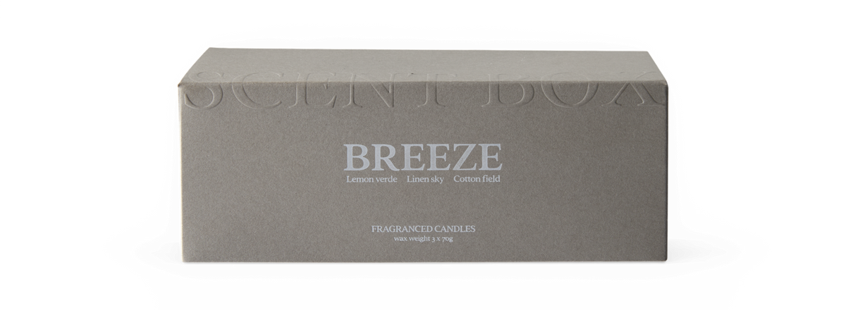 BREEZE duftlys-sæt: Lemon verde, Linen sky, Cotton field; voks vægt 3 x 70 g.