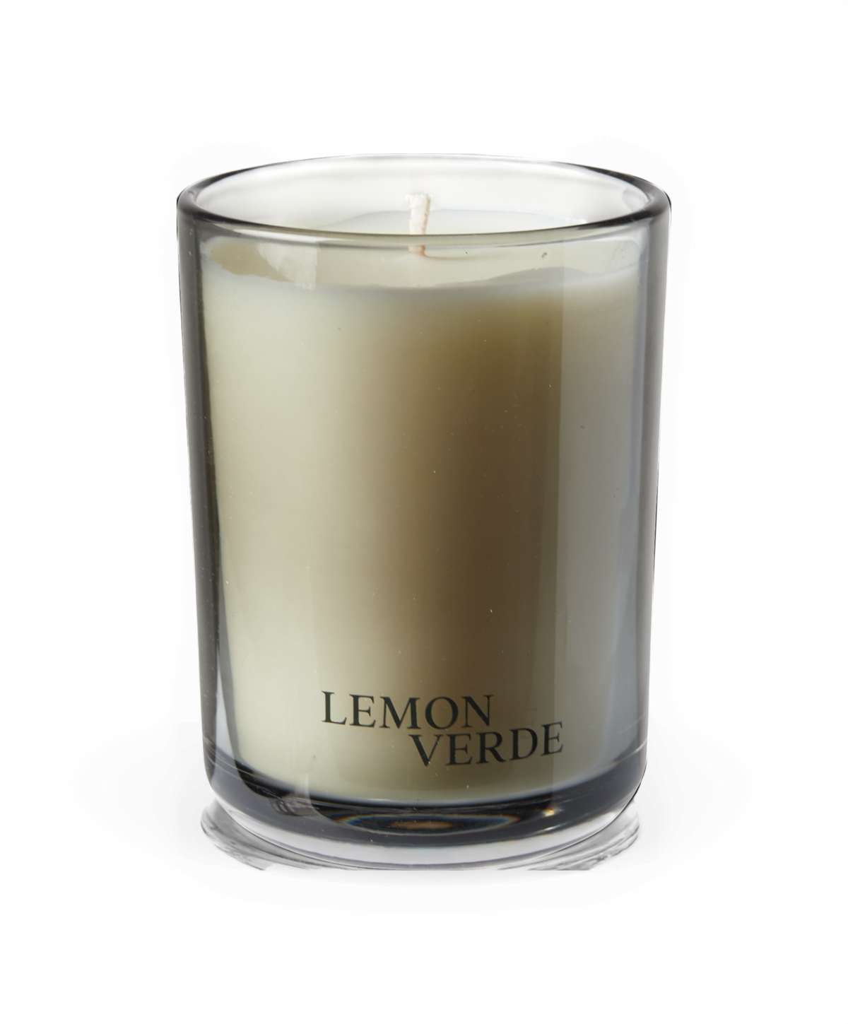 Duftlys LEMON VERDE i klar glasbeholder, frilagt på hvid baggrund.