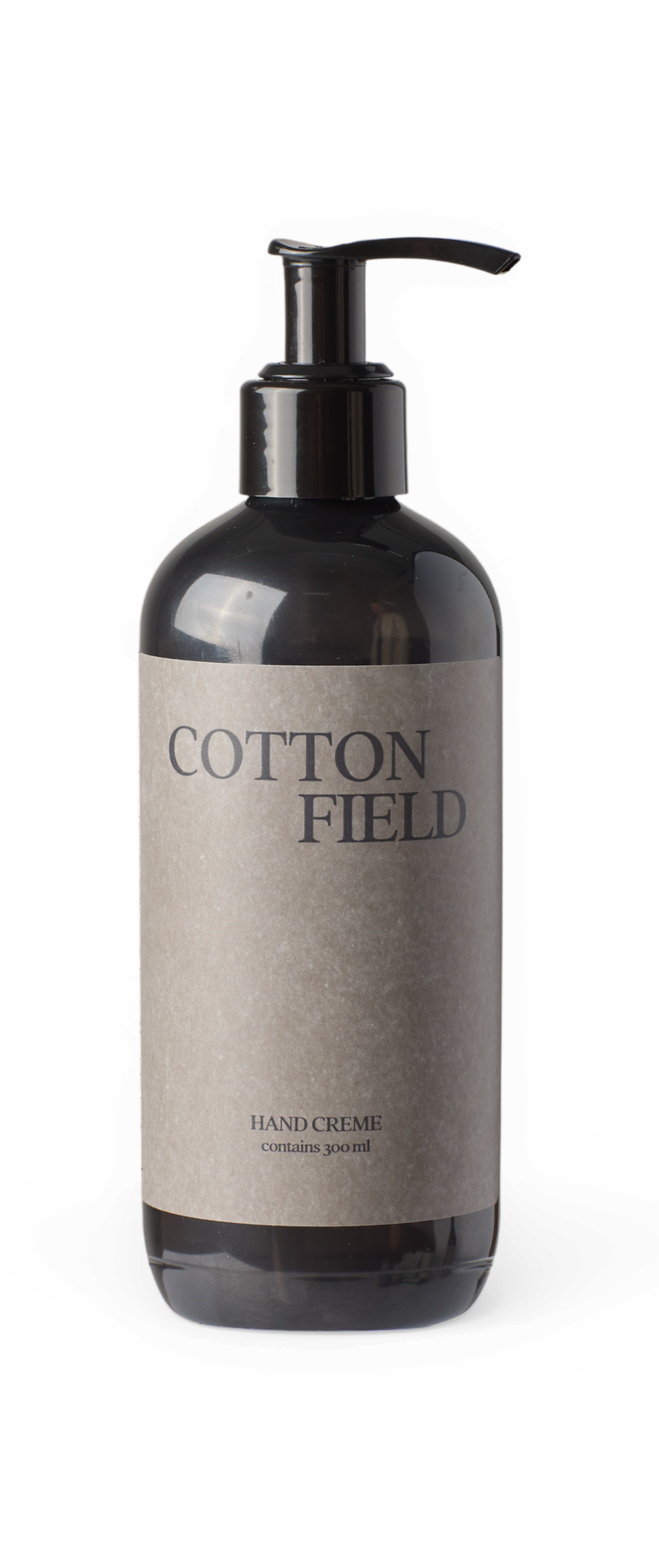 COTTON FIELD håndcreme, indeholder 300 ml, pumpeflaske i mørk plast.