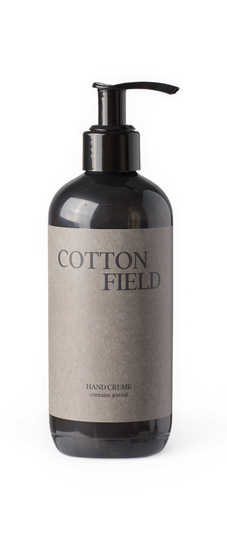 COTTON FIELD håndcreme, indeholder 300 ml, pumpeflaske i mørk plast.