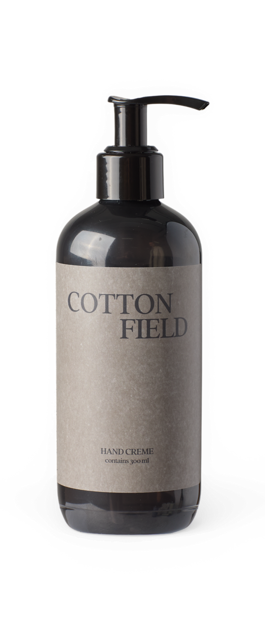 COTTON FIELD håndcreme, indeholder 300 ml, pumpeflaske i mørk plast.