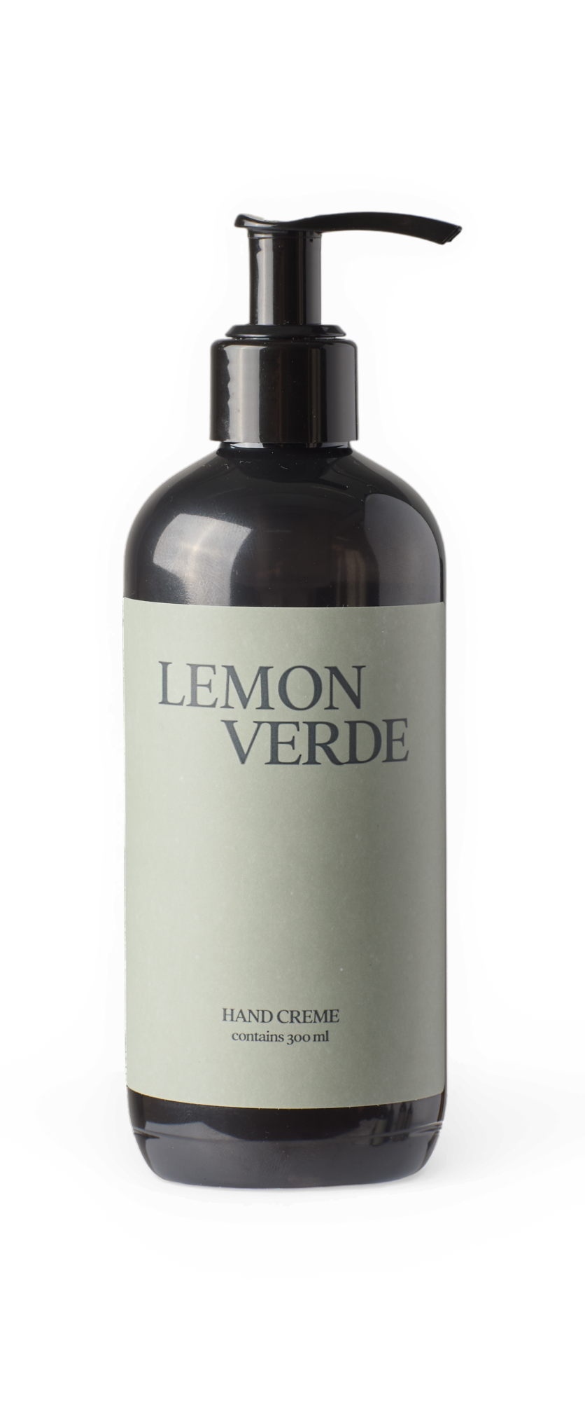 Sort pumpeflaske med grøn etiket: LEMON VERDE håndcreme, indeholder 300 ml.