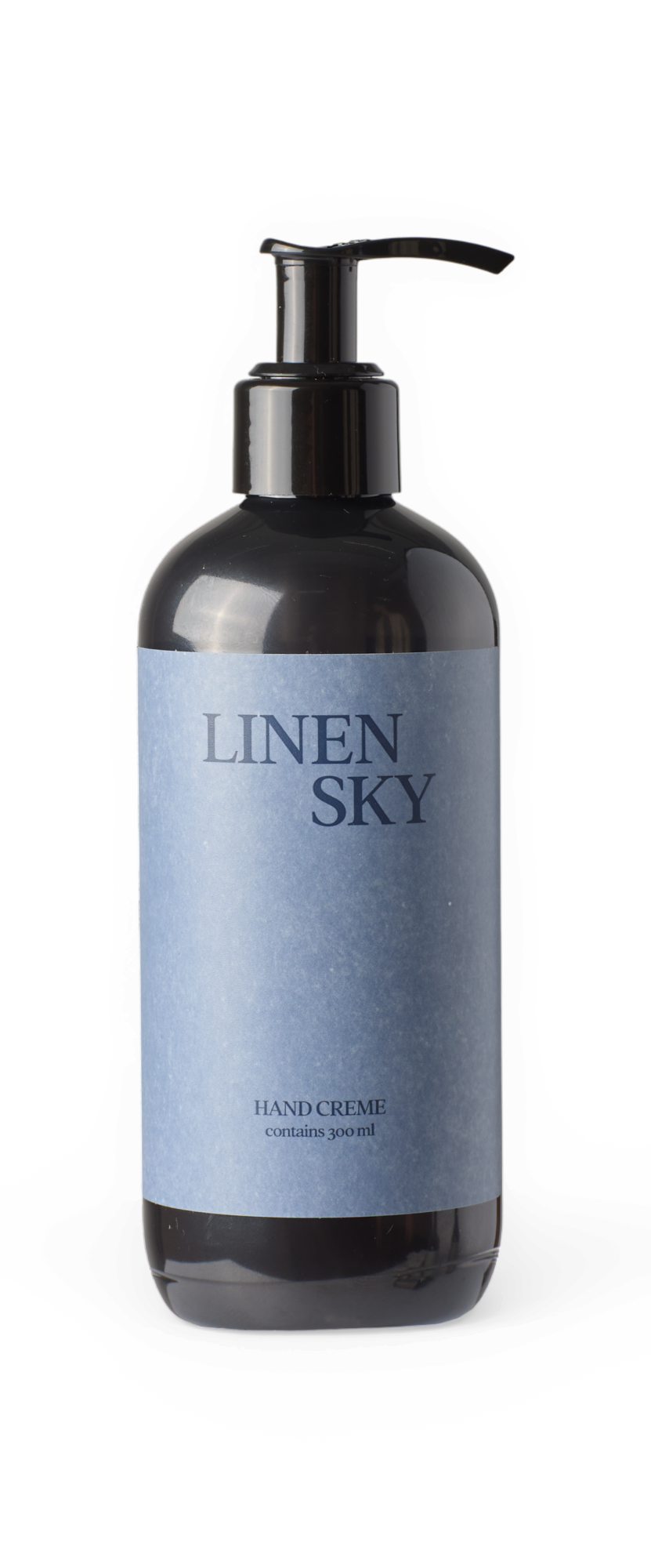 Sort pumpeflaske med etiketten LINEN SKY håndcreme, indeholder 300 ml.