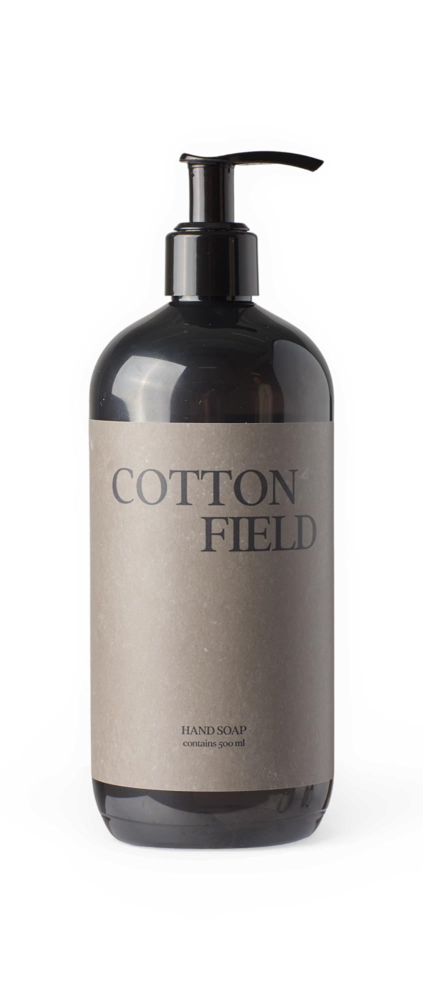 Sort pumpeflaske med etiketten 'COTTON FIELD' håndsæbe, indeholder 500 ml.