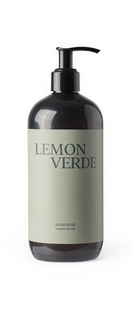 Lemon Verde håndsæbe, indeholder 500 ml, pumpeflaske i mørk plast med lysegrøn etiket.