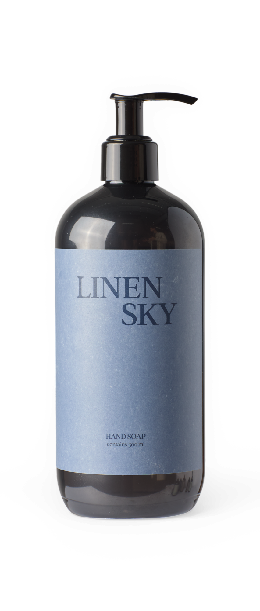 Sort pumpeflaske med blå etiket: LINEN SKY håndsæbe, indeholder 500 ml.