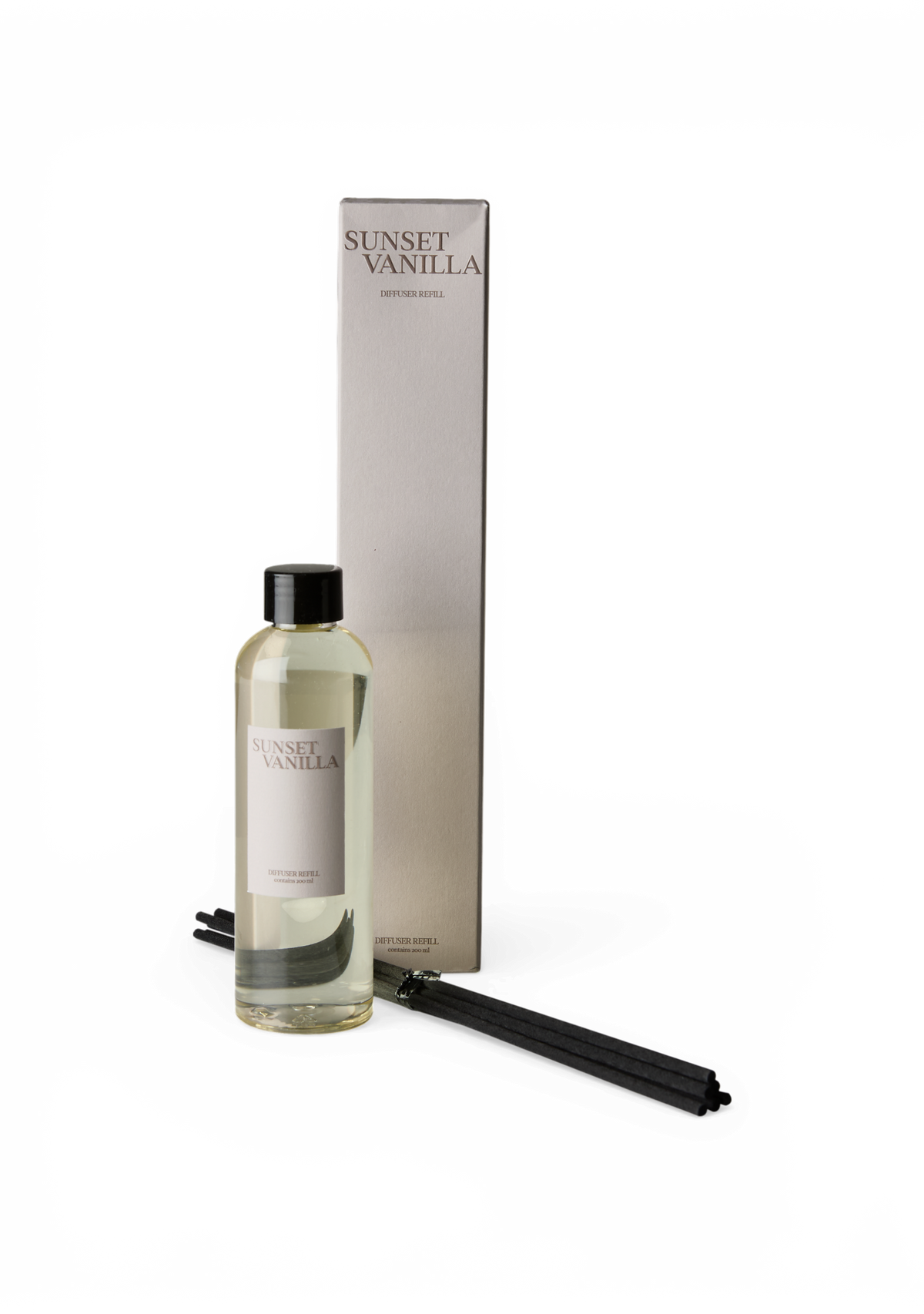 "Sunset Vanilla" duftpinde-refill med sorte pinde og æske.